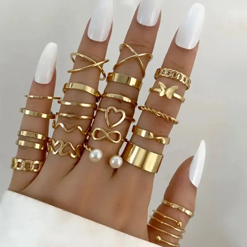 2023 Trendy Jewelry 22pcs Vintage Metal Gold Silver Color Geometric Spiral Shape Ring Hollow Heart Butterfly Rings Set For Women