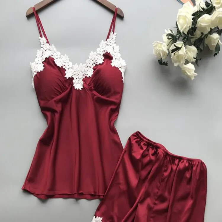 Wholesale New Fashion Deep V neck silk Pajama Summer Nighty Sleep Wear Women Sleepwear red Silk Shorts Pajamas For Ladies