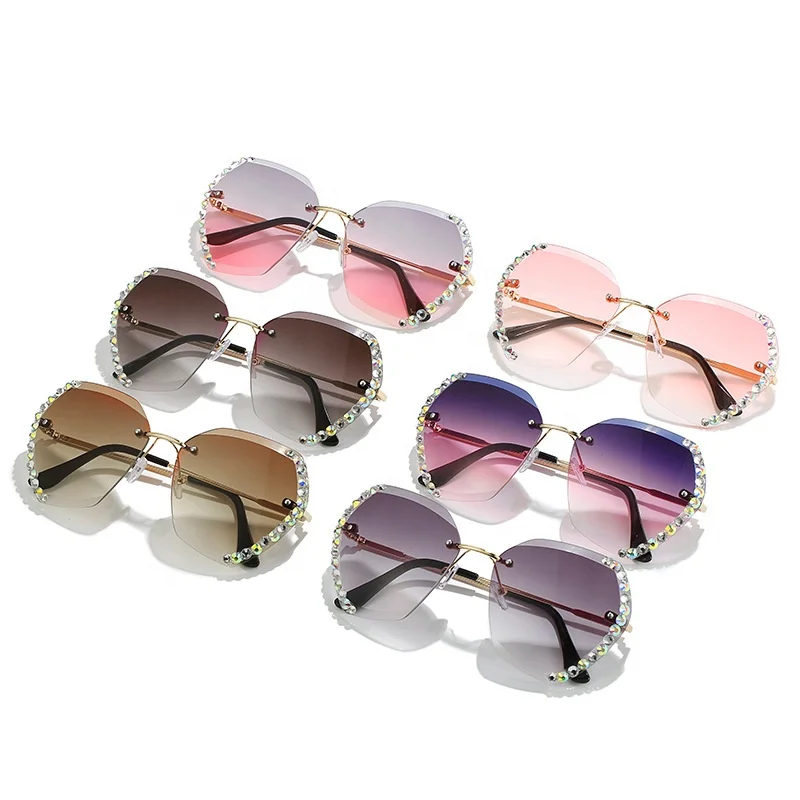Boxun New Style Personal Frameless Crystal Glasses Uv 400 Diamonds Hot Selling Fashion Bling 2022 Sunglasses