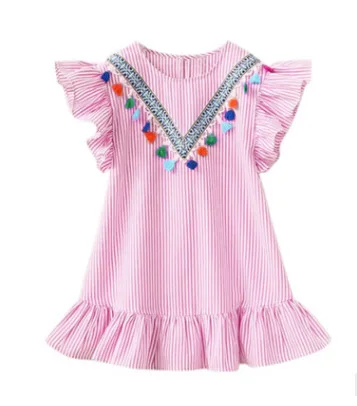 Q30217 Baby Girl Family Matching Clothes Mom And Daughter Dress Nine Quarter Stripe Tassel Mini Mother And Daughter Outfits