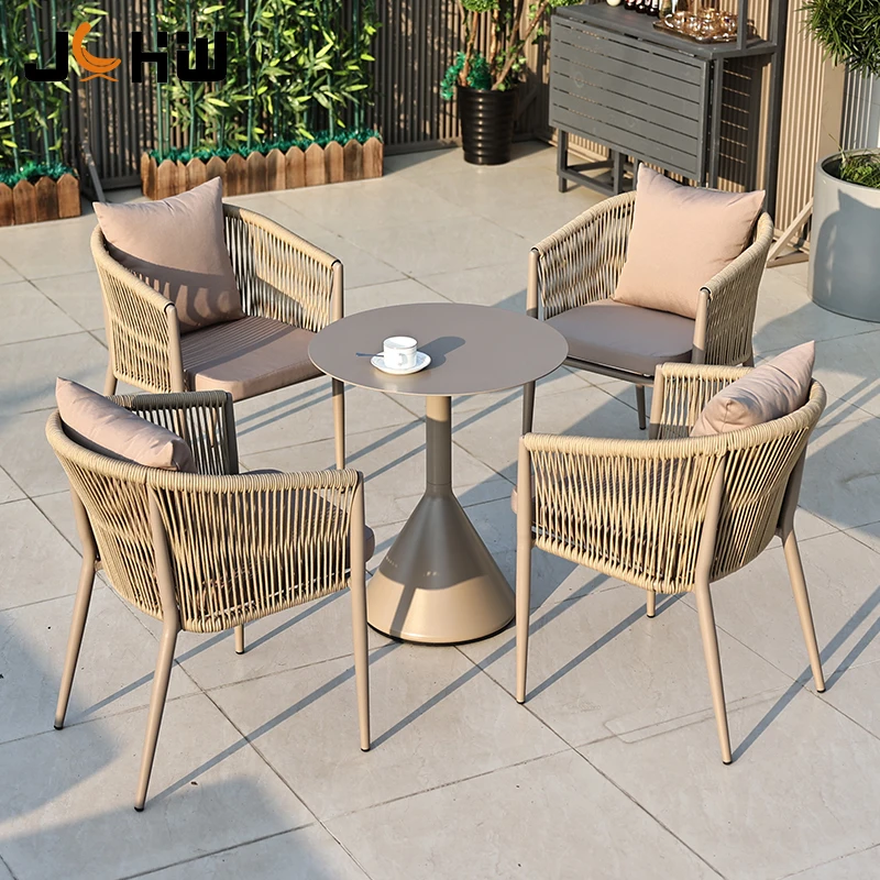 2024 hot sell woven rope outdoor stackable aluminum frame metal patio garden dining chair with waterproof cushion