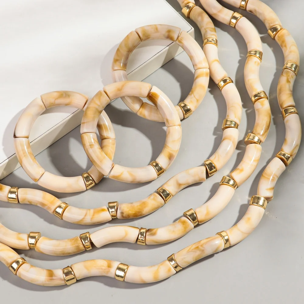 2024 Resin Shell Marble Multilayer Jewelry Gold Plated Copper Spacer Creative 3 PCS Tube Beads Bracelet Necklace Set for Women