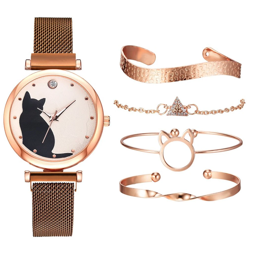 Women Quartz Wristwatch Mesh Bracelet Cat Dial  Watches Casual Ladies Fashion Watch Set