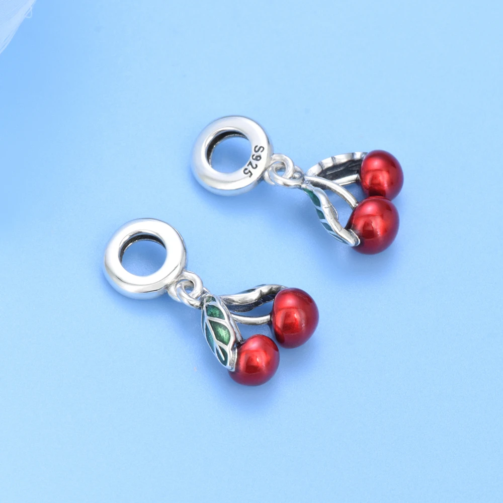Wholesale high quality s925 sterling silver bracelet charm enamel cherry pendants for DIY jewelry making