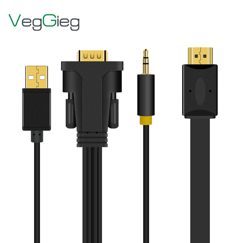 Veggieg Hot Selling Gold-Plated Connector For VGA To HDMI Male To Male Cable With Audio And Power Cable 1.5M 2M 3M
