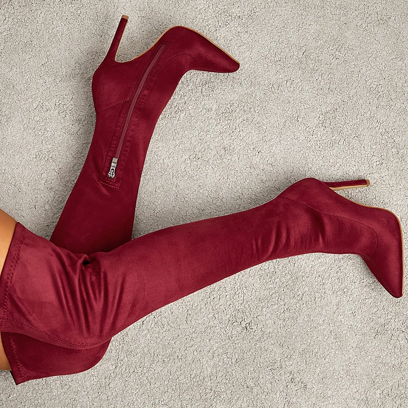 2021 high heel knee side zipper slim boots British style autumn and winter new wine red pointed large thin heel elastic boots