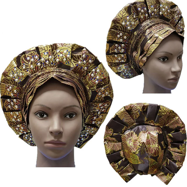 2022 New Fashion Bright Print Pattern Headwrap Crystal Africa Sego Already Made Auto Headtie for women