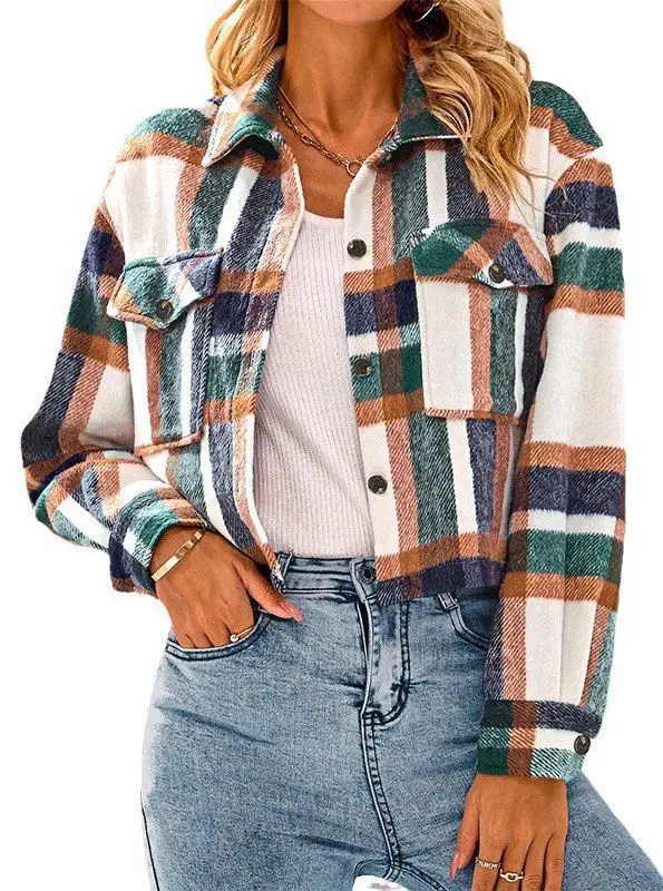 Loveda Wholesale Winter Outdoor Button up Cropped Plaid Shacket Long Sleeve Fleece Jackets Women Teddy Coat