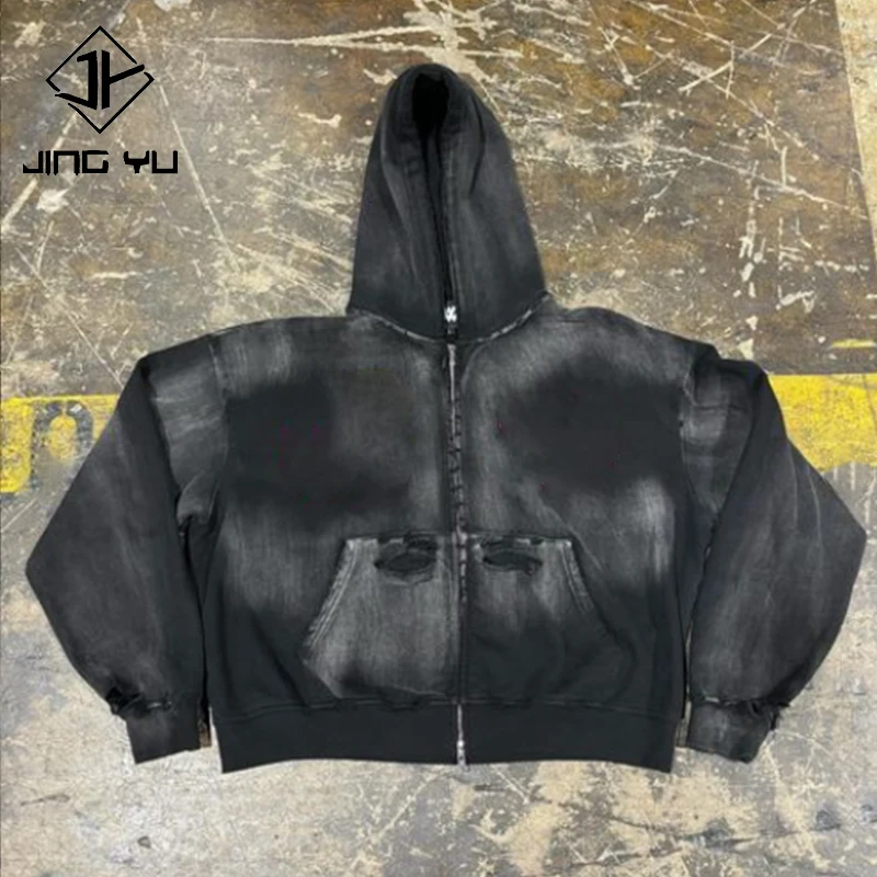 wholesale high quality blank heavyweight 500gsm sunfaded hoodie vintage distressed french terry acid wash zip up hoodie