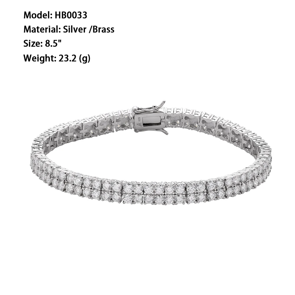 Classical Hiphop Two Rows Prong Set Ice Out Zircon Diamond Rhodium Gold Plated 925 Silver Tennis Chain Bracelets