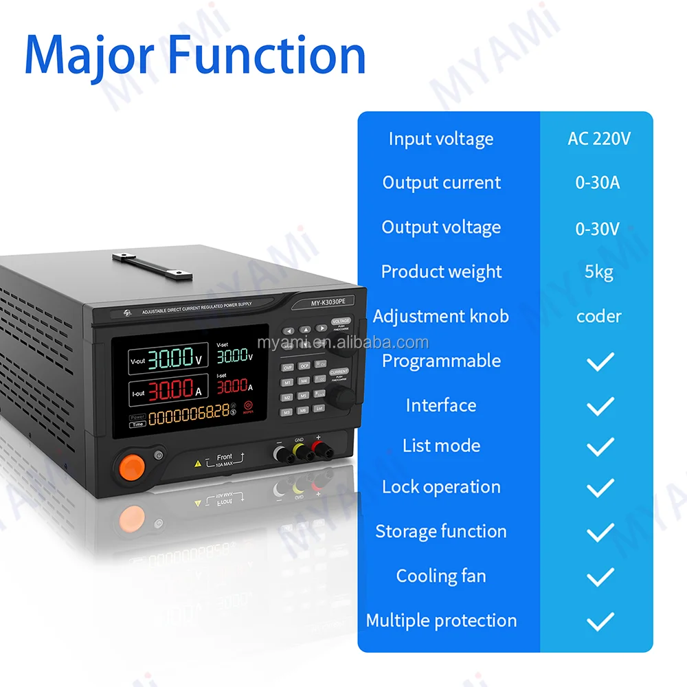 MYAMI Variable DC Lab Bench Programmable Switching Power Supply 0-30V 0-30A adjustable AC TO DC Power Supply with Auto test