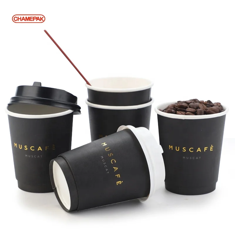 Одноразовая Золотая фольга с двойными или одинарными стенками, тиснение логотипом на заказ, полностью Черная бумажная чашка для горячего кофе с крышкой