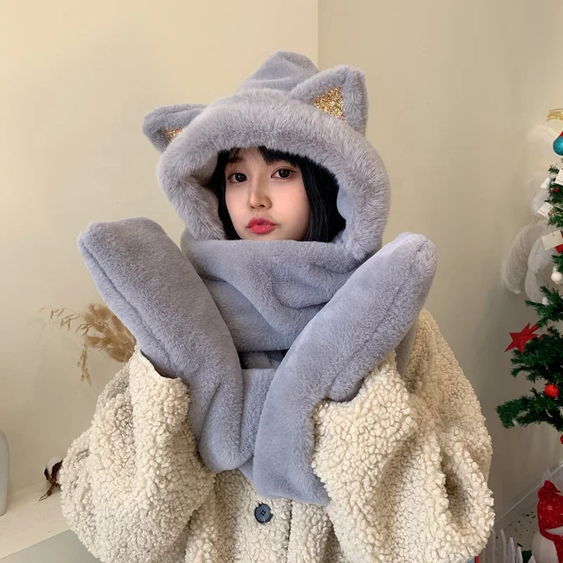 Wholesale 3 in 1 Warm Woman Plush Fluffy Cartoon Winter Hats Scarf Mitten Gloves with Pockets Hoodie Hat Long Wraps