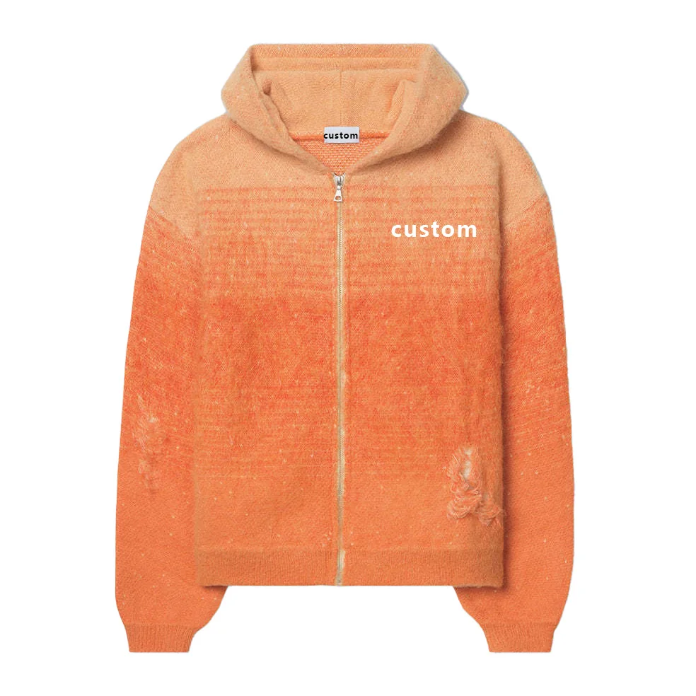 custom logo woven gradient jacquard mohair zipper hooded cardigan part do damage treatment sweater for men