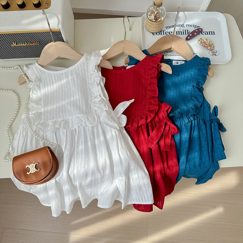 Hot Selling 100% Cotton Baby Summer New Dress Cute Wooden Ear Edge Sleeves Sweet Bow Princess Dress For Girls