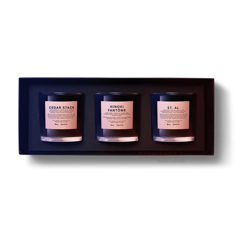 Custom Luxury Uncoated Cardstock Paper Candle Packaging Boxes Design Logo 3 Piece Candle Set Lid And Base Gift Box