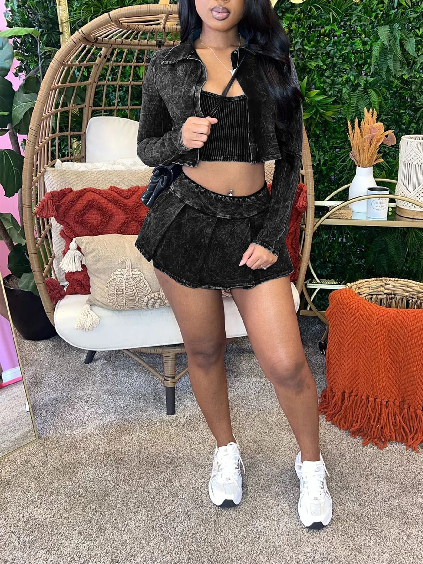 High Quality Women Outfits Wash Cotton Knit Crop Vest+Jacket+Skirt Slim Matching Lady Sexy Y2K Casual 3 Piece Skirt Sets Women