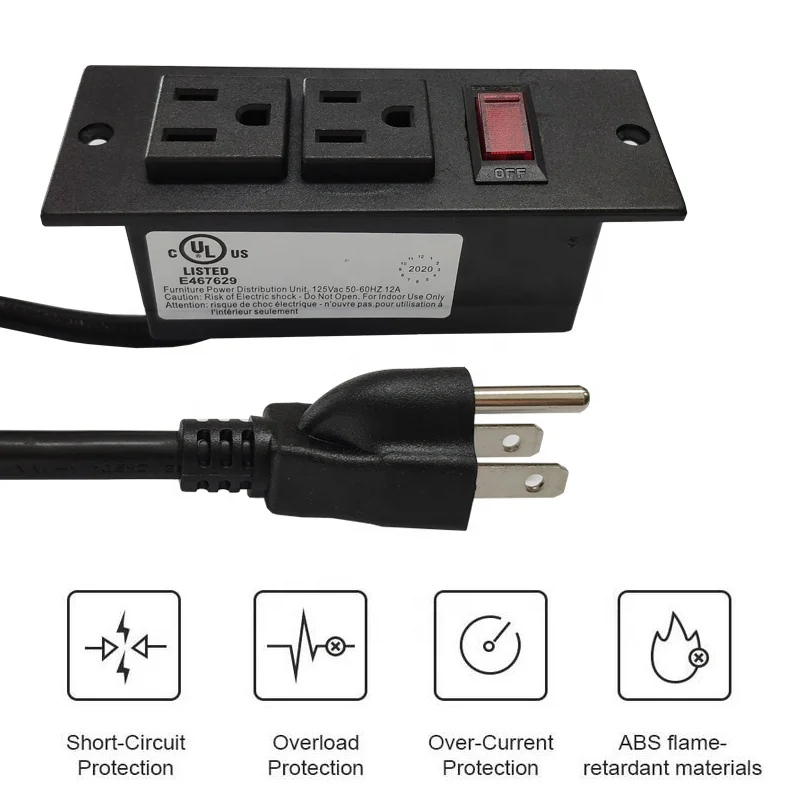 125V AC 2 outlet surface socket with circuit breaker switch rocker switch 2m 16AWG power strip