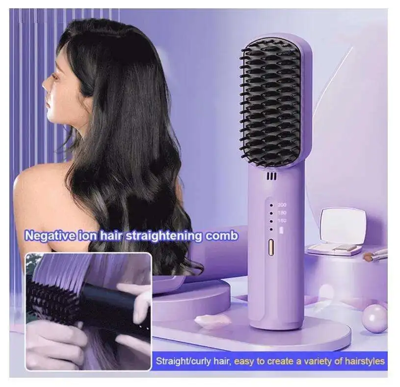 Cordless USB Rechargeable Wireless Hair Straightener Comb MINI Electric Portable hot hair brush 2 in 1 Cordless for men&women
