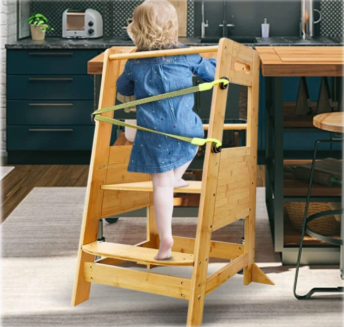Kitchen Helper Stool for Toddlers, Bamboo Kids Learning Standing Step Tower with Adjustable Heights Platform and Safety Belt