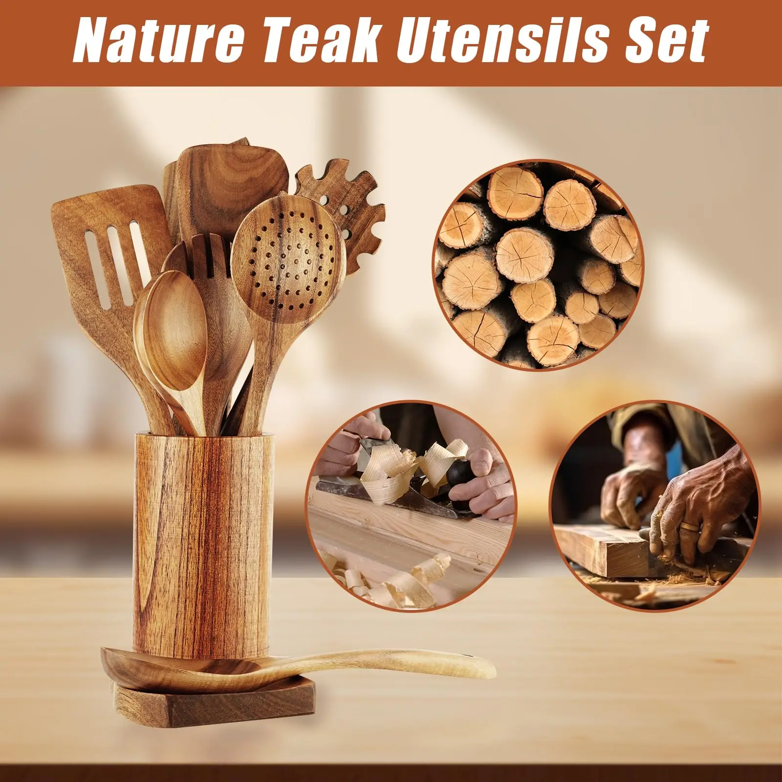 Wooden Spoons for Cooking, 10 Pcs Teak Wooden Cooking Utensil Set with Holder, Wooden Kitchen Utensils Set for Nonstick Pans