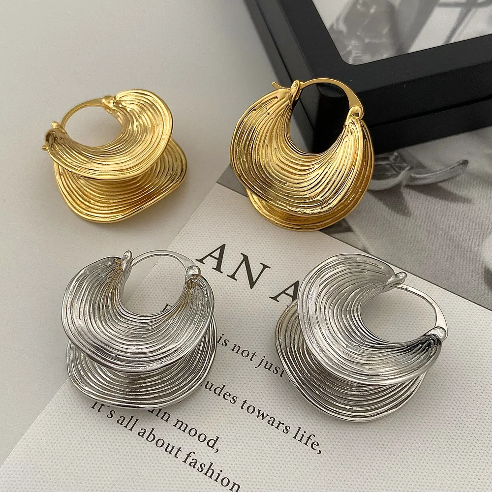Fashion Jewelry copper 24k real gold chunky Trendy Simple Irregular Striped Retro Style Earrings