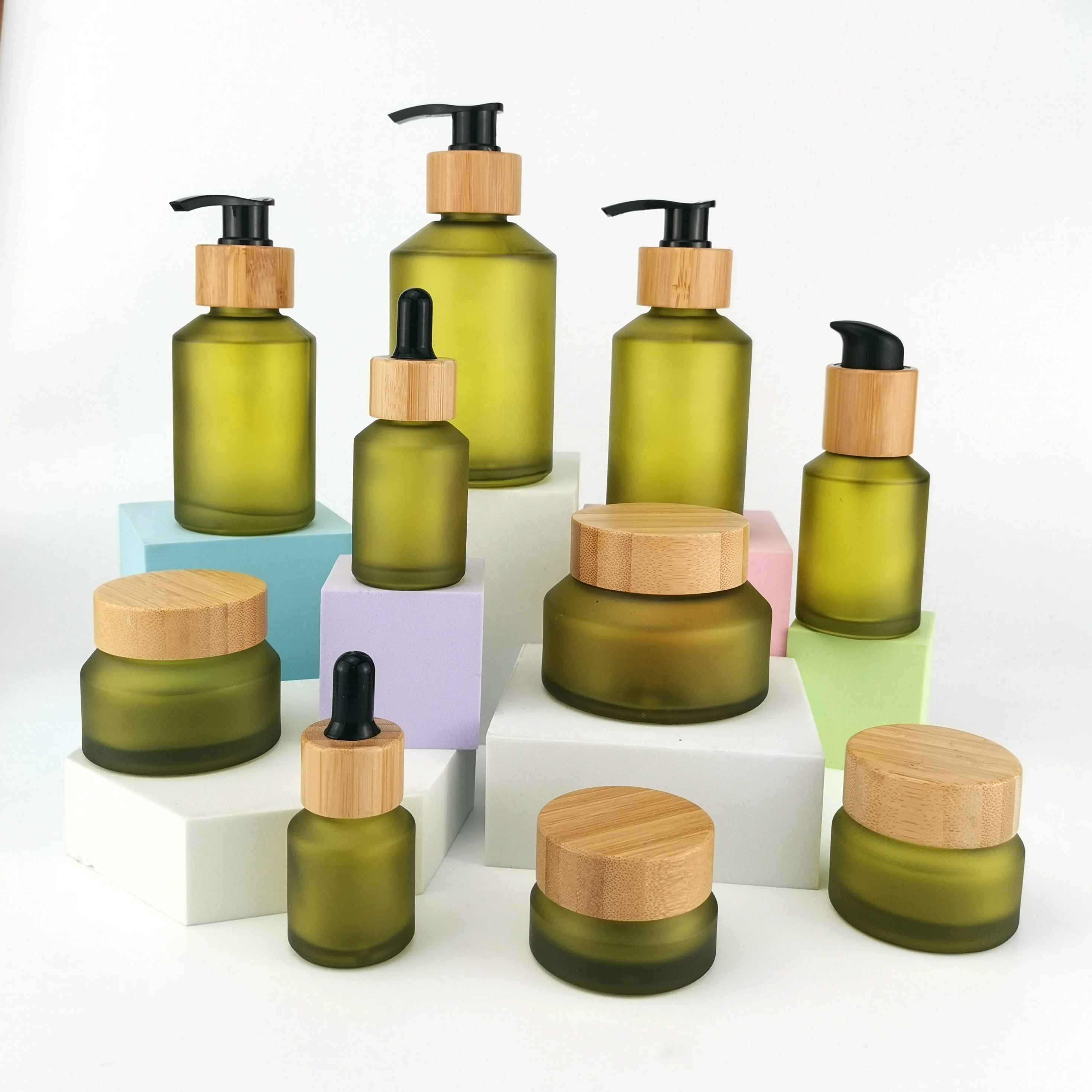olive green glass jar face cream cosmetic container 15 g 30 gm  50 gm 100 gm glass jar with black lid