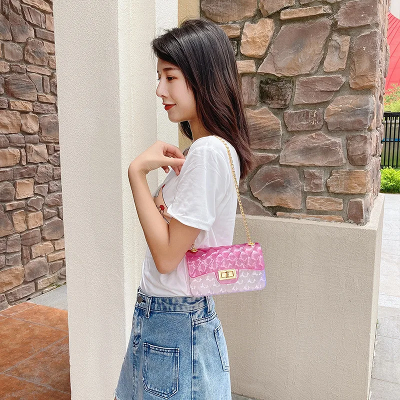 EM612 Hot 2022 PVC Rainbow Rhomboid Pattern Transparent Shoulder Bag Color Small Jelly Ladies Bags Beach Handbags For Women