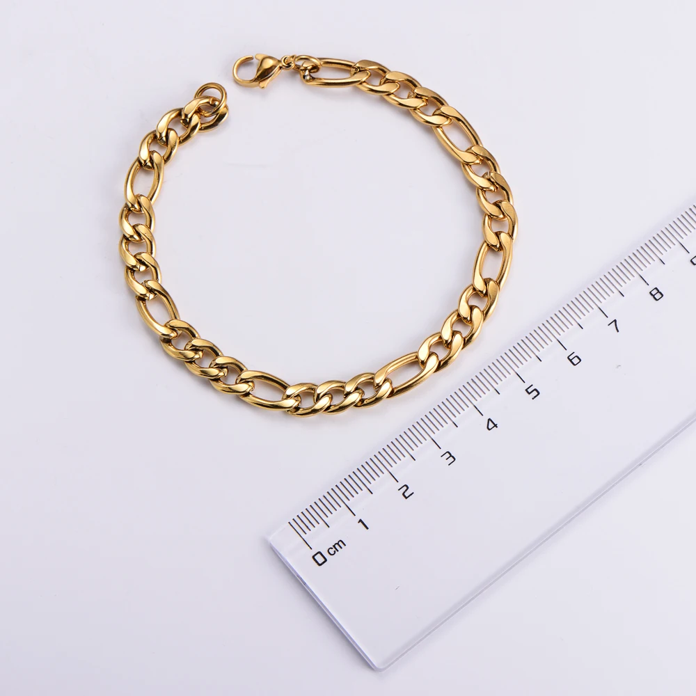 Fashion Jewellery Figaro Link Chain Cuban Men Women Unisex Stainless Steel Gold Bracelet