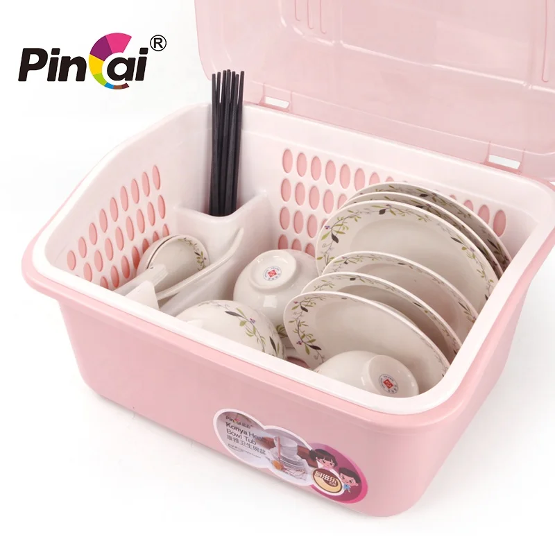 Factory wholesale Colorful Transparent Lid Dish Rack Plastic with Cover for Kitchen