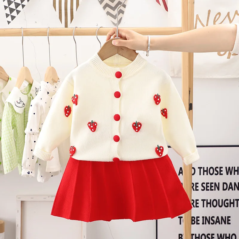 Children Cute Fruit Cardigan Sets Girls Kids Sweater Tops And Pleated JK Skirts For Autumn Winter