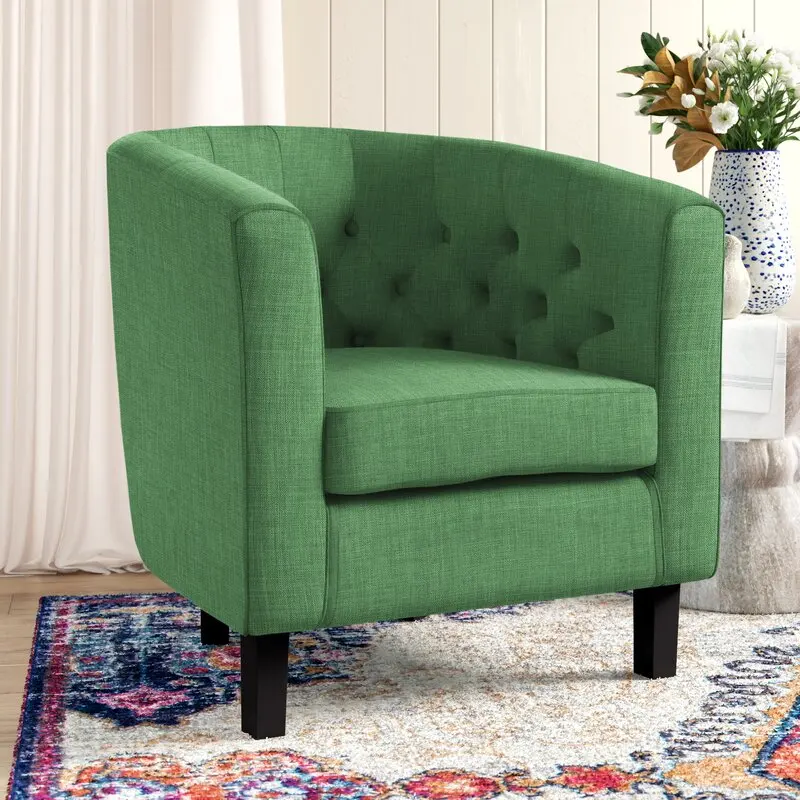 Mid century accent chair linen fabric wooden legs tufted elegant barrel arm chairs