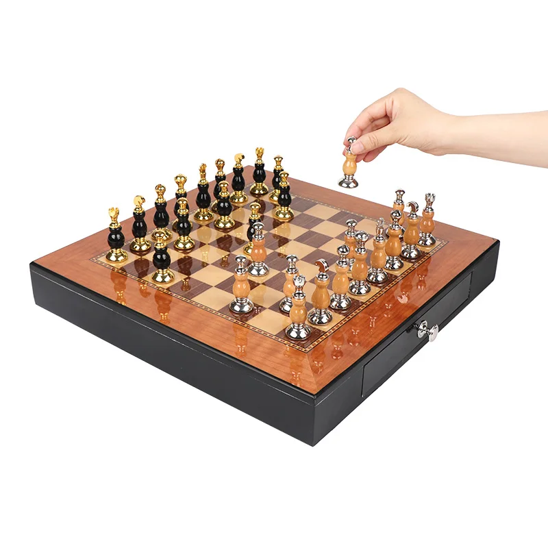 Luxury Custom Professional Metal Glossy Gold Plating Wooden Chess Pieces board games Sets