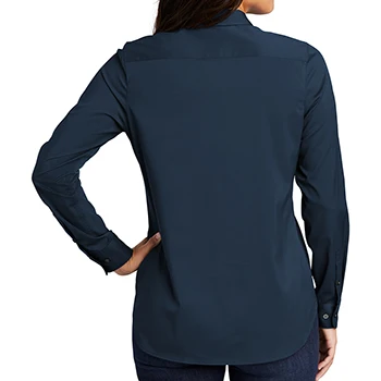 Ladies river blue navy 93/7 poly/spandex Odor-fighting Wrinkle-resistant Open collar and neckline Pearlized button Stretch Tunic