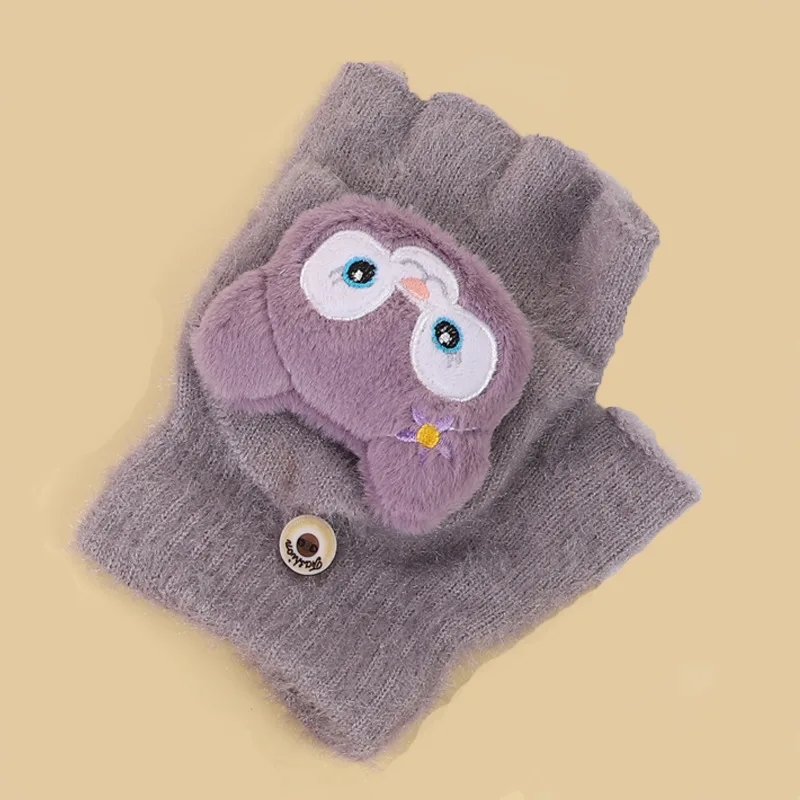 New winter cashmere half-finger flip-up gloves 2024 cartoon cute student warm thickened knitted gloves for men