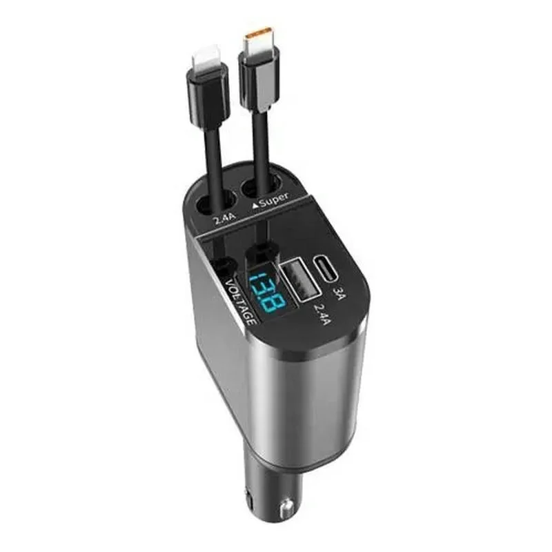 120W 4 In 1 Fast Charging Car Charger Retractable USB-C Cable Mulitport Car Phone Charger PD 60W Car Charger Cigarette Lighter
