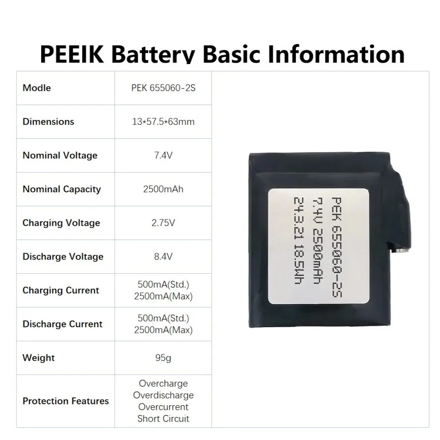 655060-2S 2500mAh7.4VPEEIK Electric Skateboards Underwater Drones Adjustable Voltage Camping Lanterns High-performance Batteries