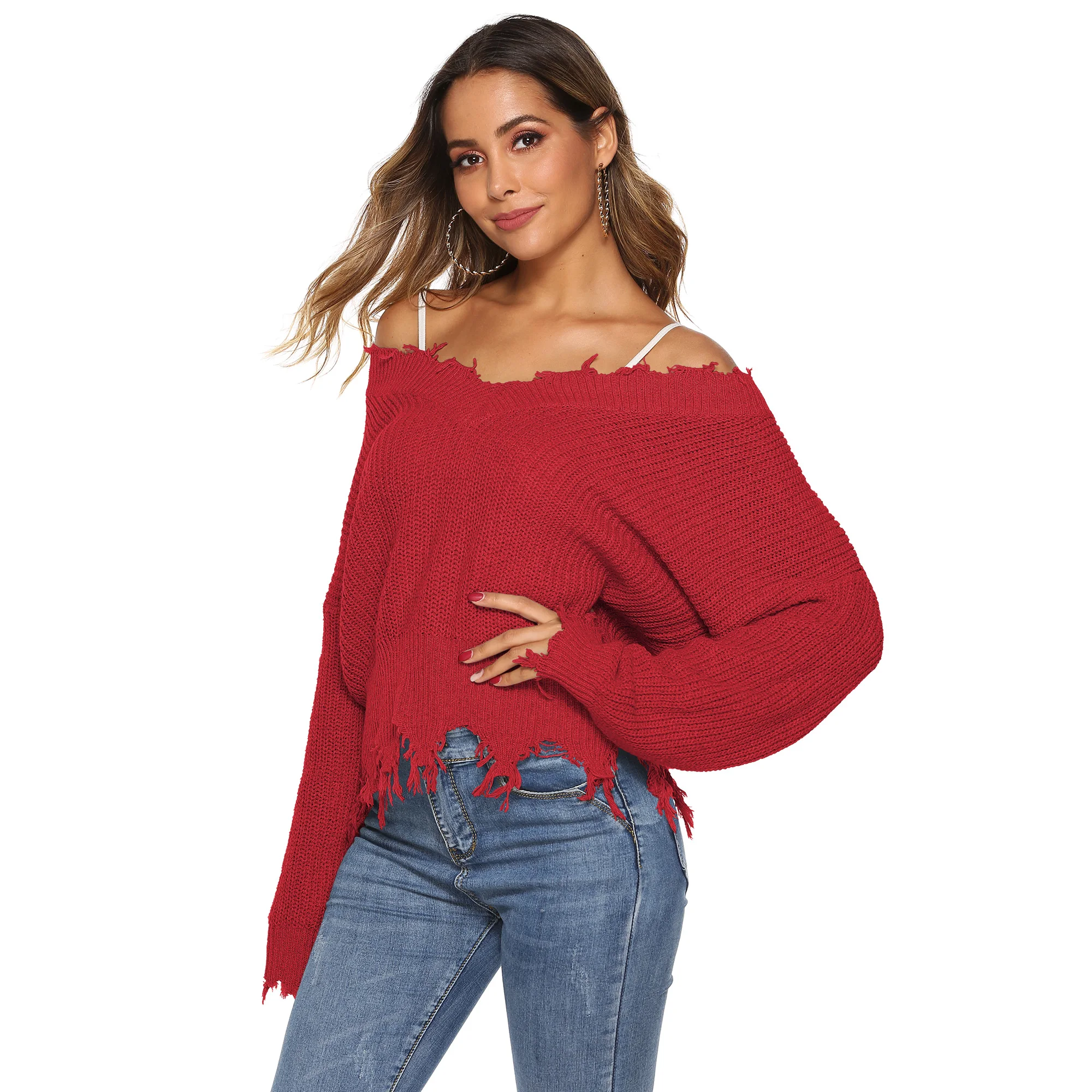 Factory Ladies jumper tassel striped irregular casual knitted pullover V neck off the shoulder Lazy Loose sexy sweater for women
