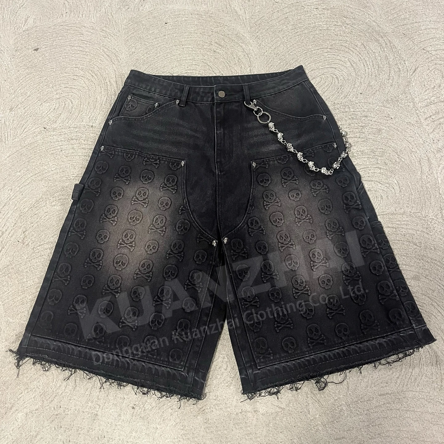 Custom acid wash vintage street wear distressed baggy embossed jorts cargo carpenter jeans denim shorts for men