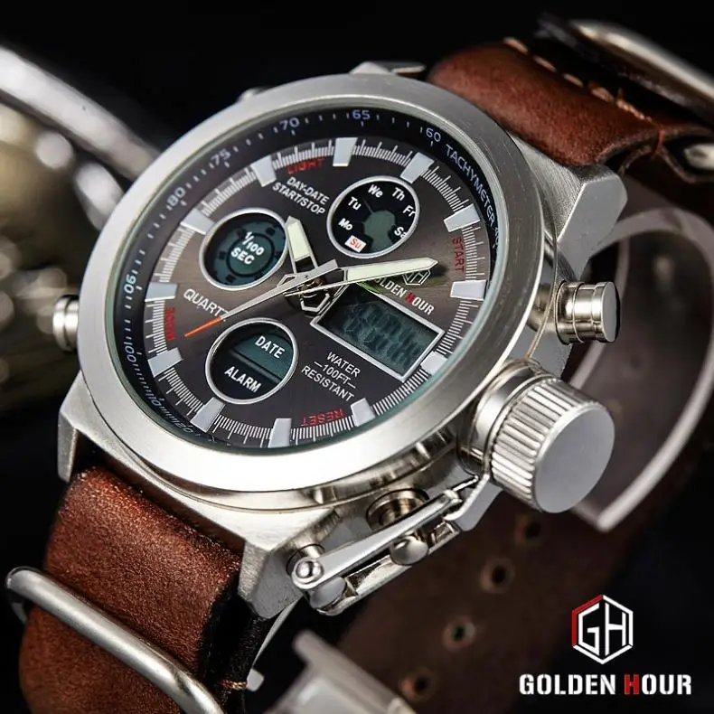 GOLDEN HOUR  GH-107  hot sell black mens digital watch original PU leather band 3 dials Chronograph Luminous sports wristwatch