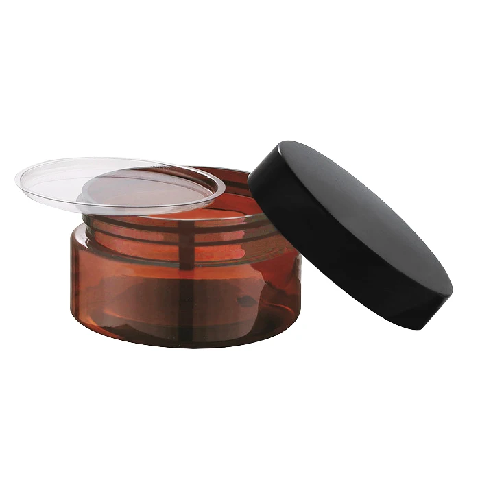 
100ml 150ml 200ml 250ml 300ml empty cosmetic cream hair gel food container amber plastic can jar with black screw lid 