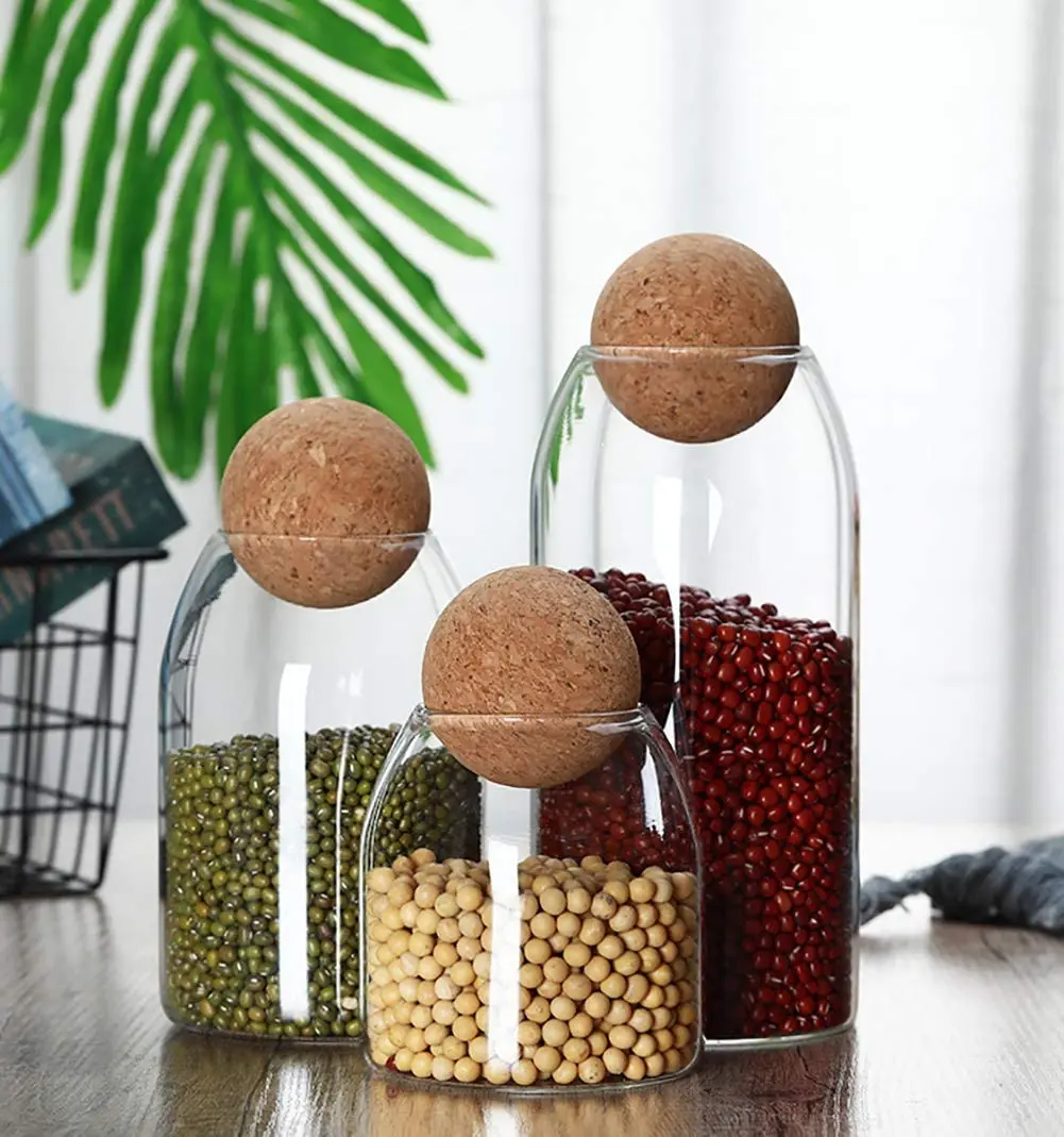 Reihey Glass Airtight Canisters Tall Glass Storage Containers with Spherical Cork Lids Glass Canister for Food Storage