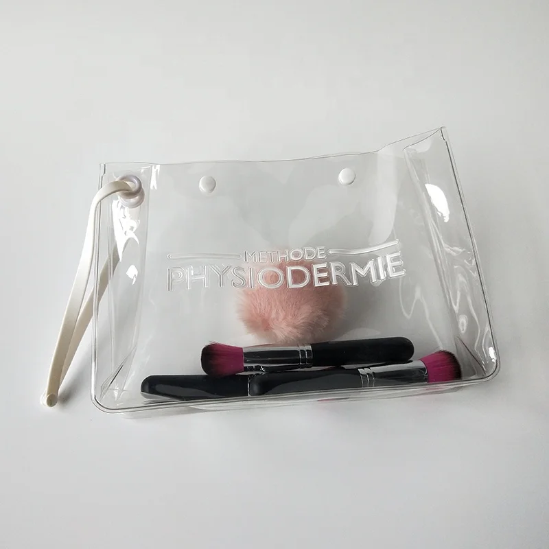 Eco friendly PVC skincare bag with press button, thicker plastic clear private label skincare packaging bag