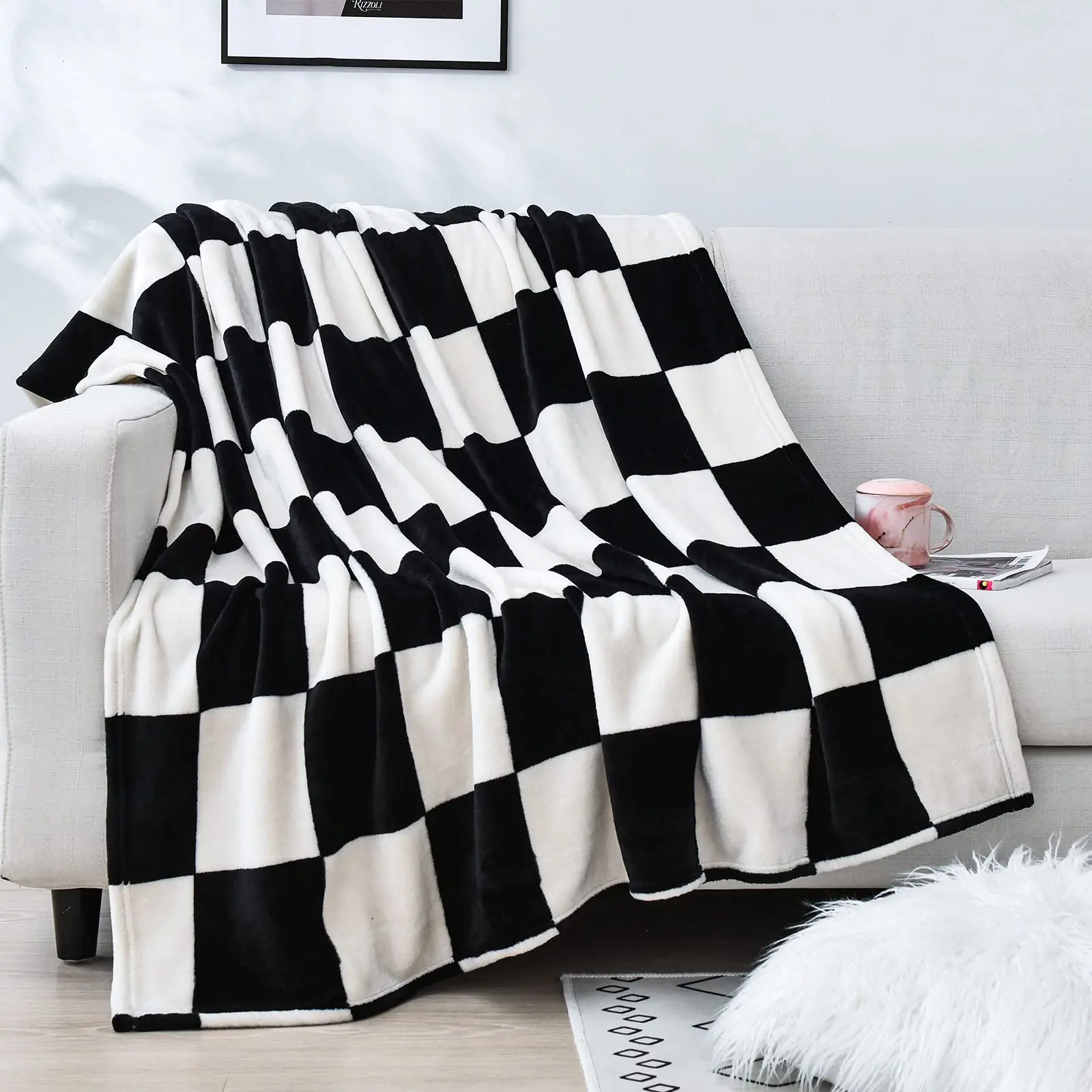 Flannel Fleece Plush Blanket Throw Size Black and White Checker Lightweight Blanket Soft Cozy Comfy Checkboard Blanket