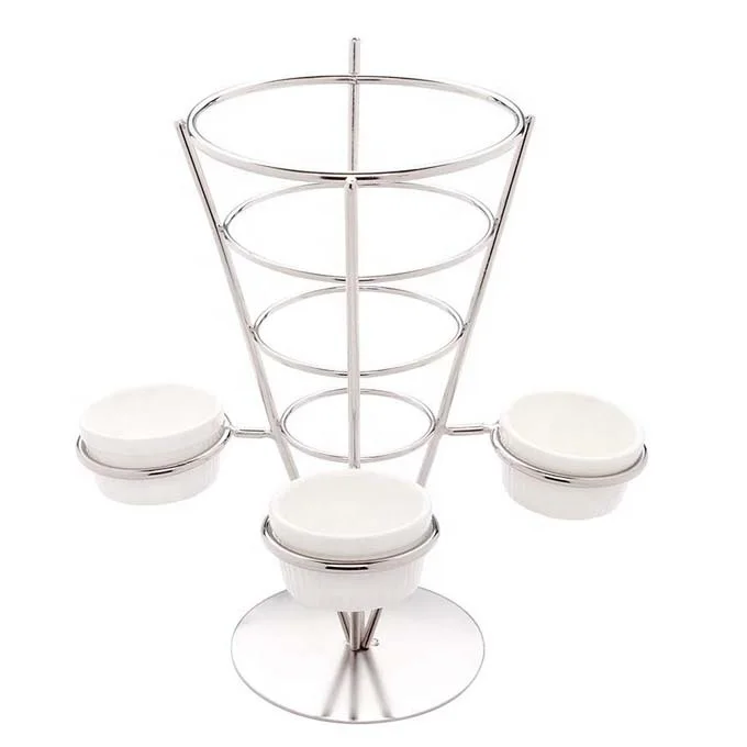 Fry and appetizer cone display with triple sauce cup holders Perfect for party and catering event - stainless Steel metal stand