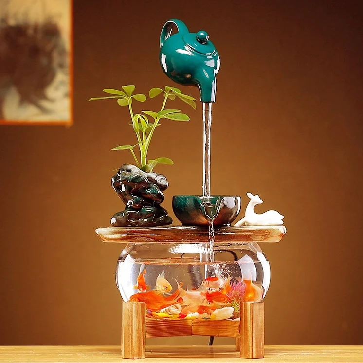 Custom Feng Shui Waterfall  Flowing Ornament Ceramic Tabletop Water Fountain Fish Tank for Indoor and Home Decoration