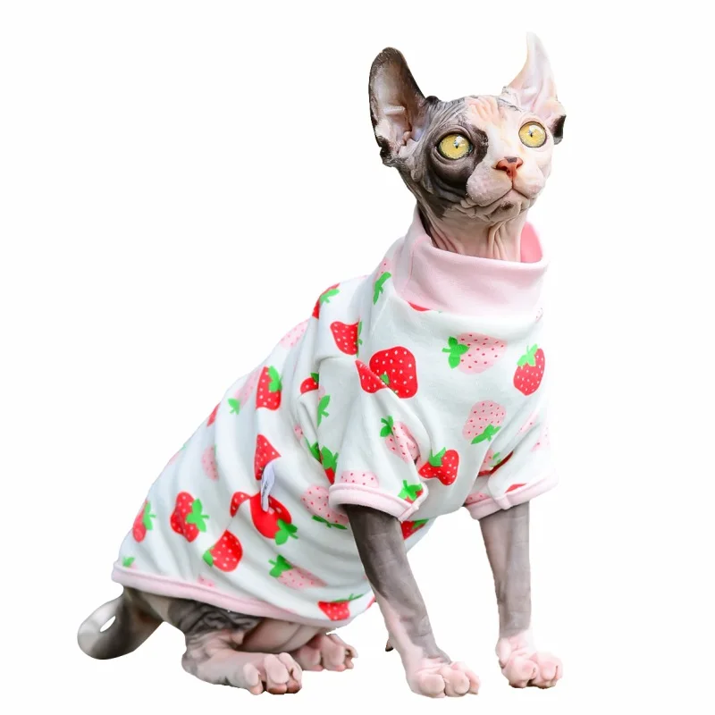 Cute Pet Winter Cloth Sphynx Strawberry Printed Sweater Cat Clothing for Canadian Hairless Cats and Small Puppy