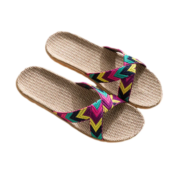 Wholesale Cheapest Price Hand-woven rattan grass Soft bottom anti slip summer women cross strap linen slippers