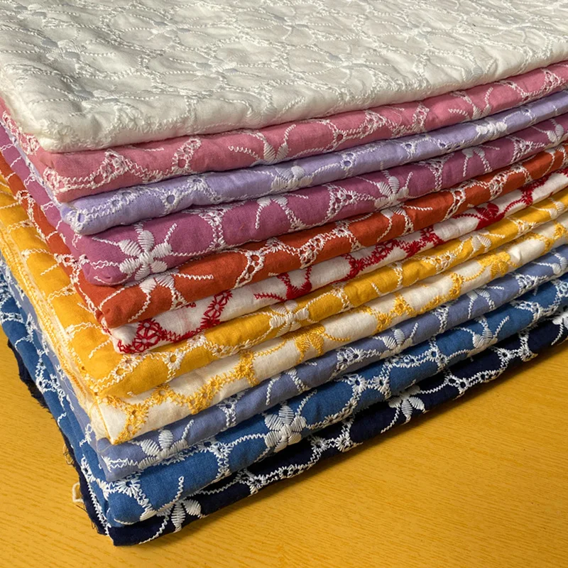 Colorful Cotton Embroidered Fabric White Flowers Wholesale Dress Fabric