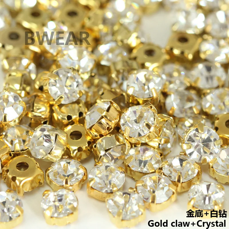 BWEAR Round Colorful Glass Chaton in Gold Prong Sew On Strass Beads Crystals Rhinestones With plated Flatback Claw For Clothing